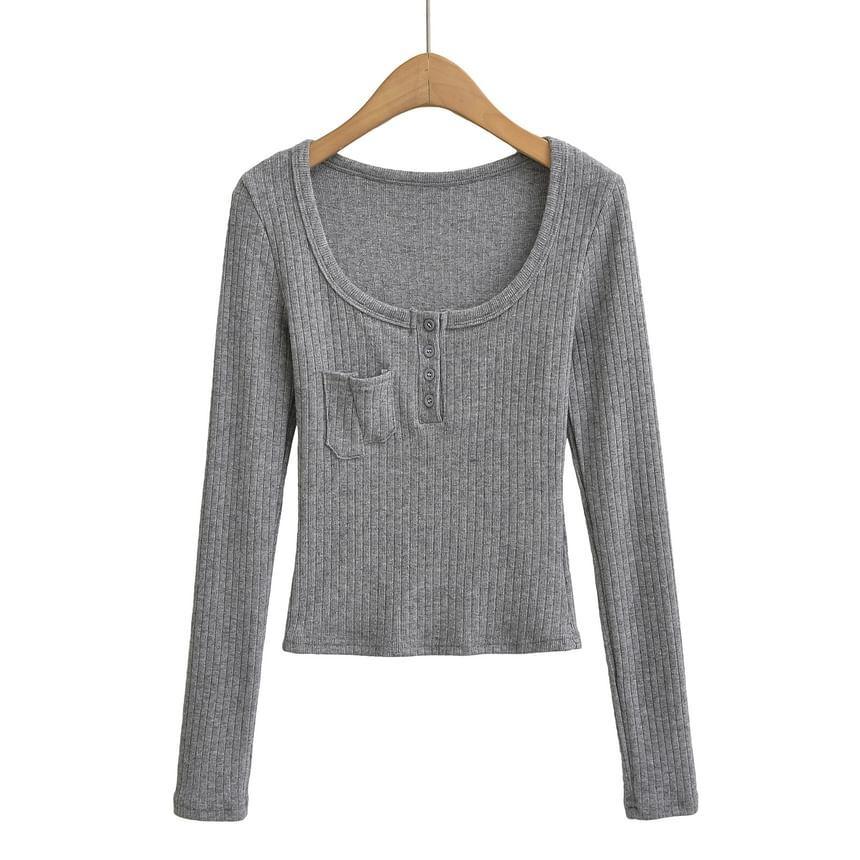 Long Sleeve Scoop Neck Plain Ribbed Cropped Top Product Image