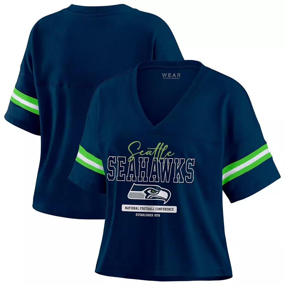 Womens WEAR by Erin Andrews Seattle Seahawks Color Block Boxy Modest Crop V-Neck T-Shirt Blue Product Image