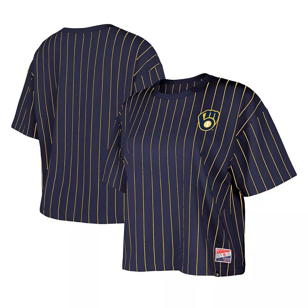 Women's New Era Navy Milwaukee Brewers Boxy Pinstripe T-Shirt, Size: Small, Blue Product Image