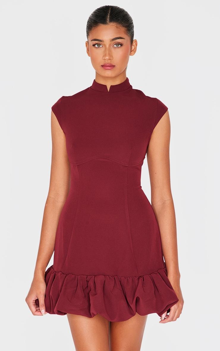 Burgundy Bust Seam Detail Puffball Dress Product Image