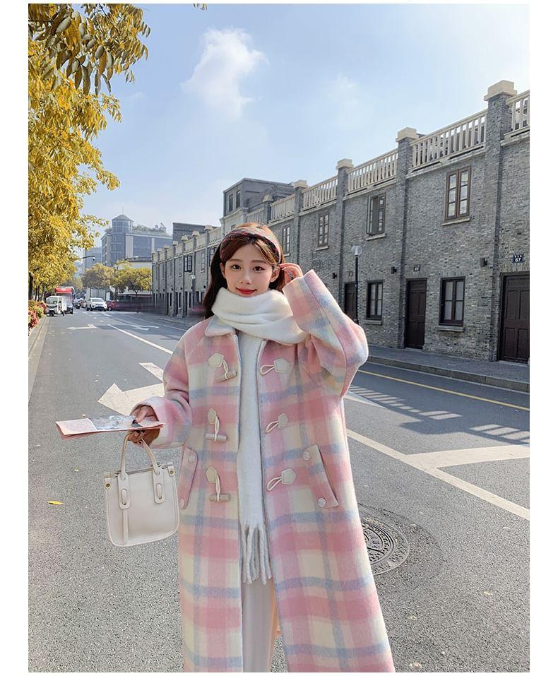 Collared Plaid Toggle Long Coat Product Image