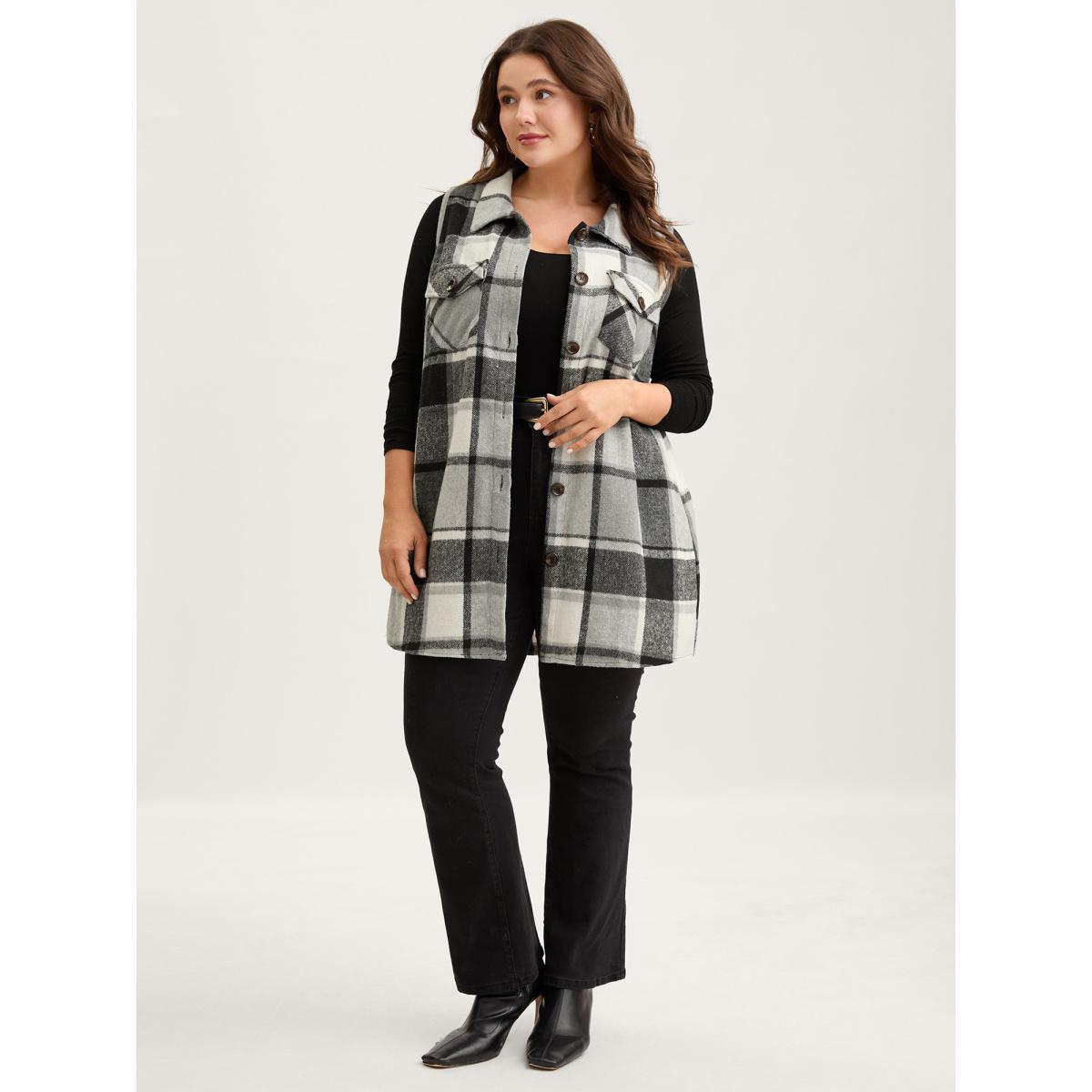 Plus Size Plaid Flap Detail Sleeveless Jacket Women Black Button Side seam pocket Casual Jackets BloomChic 30/6X Product Image