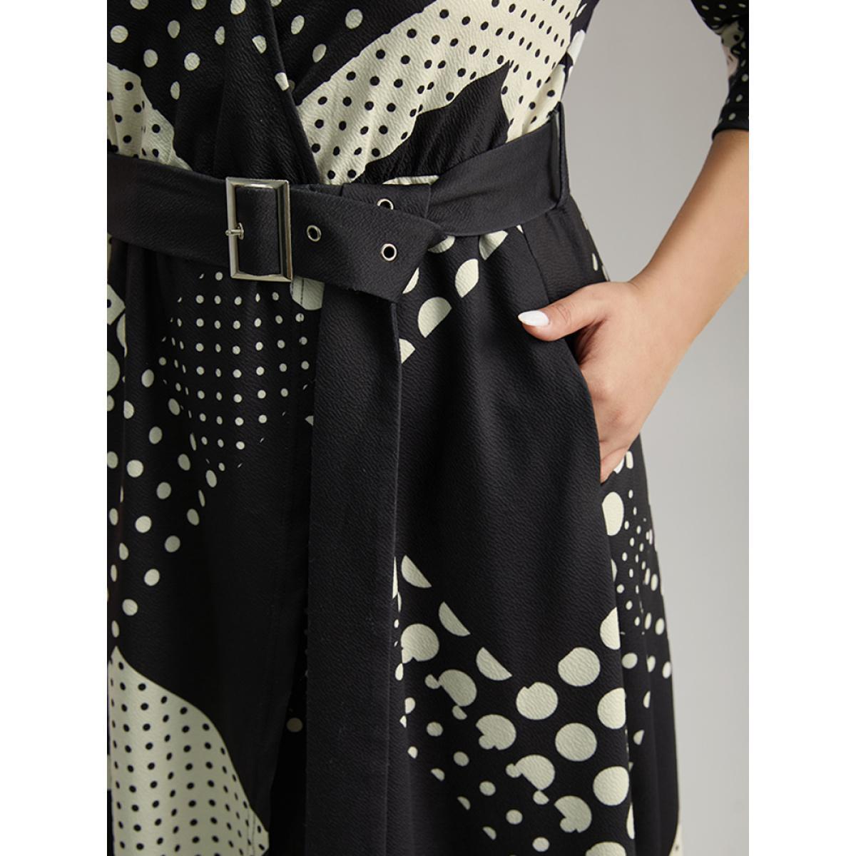 Plus Size Polka Dot Geometric print Belted Wrap Dress Black Women At the Office Wrap Overlap Collar Elbow-length sleeve Curvy Midi Dress BloomChic 18-20/2X Product Image