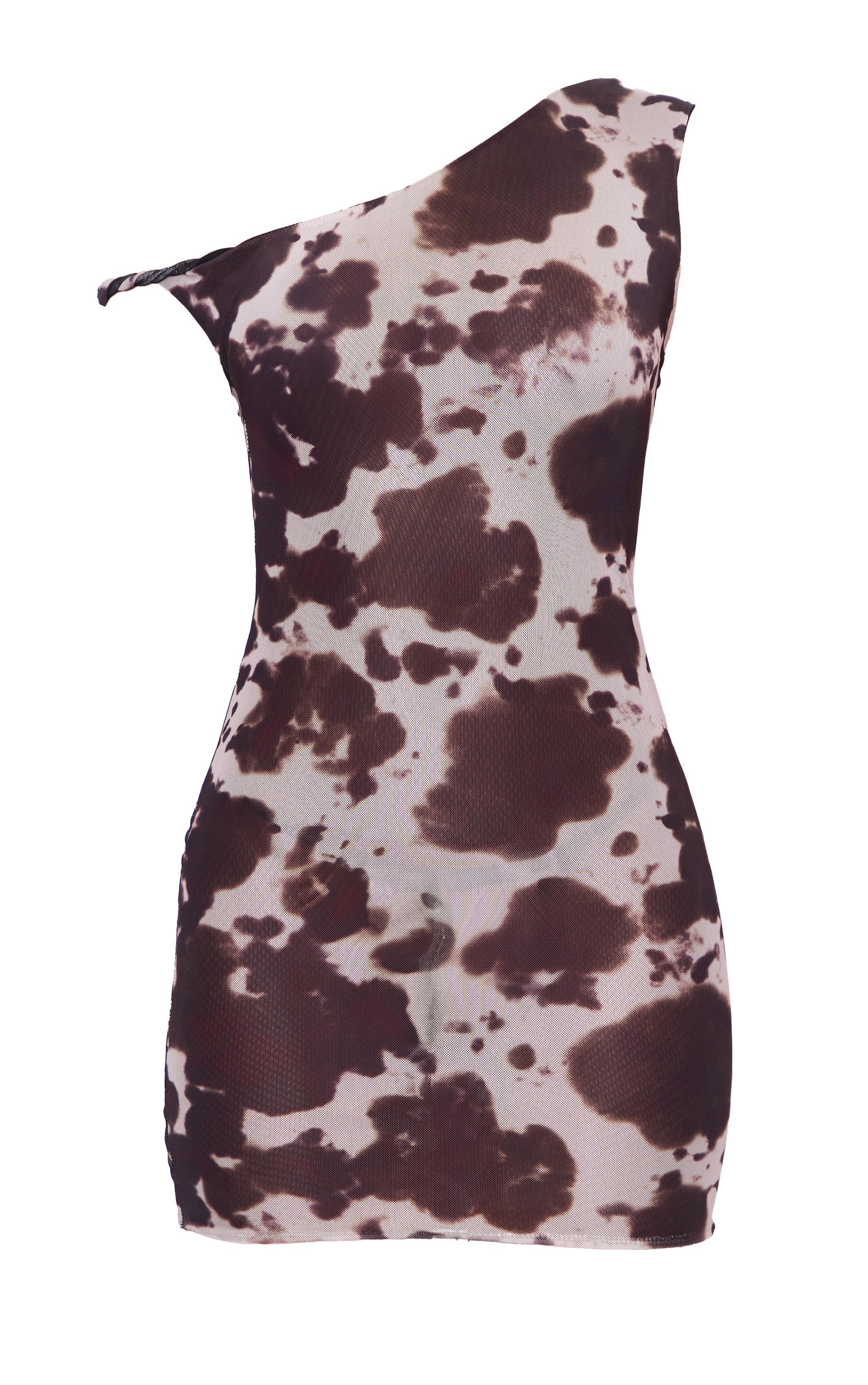 Brown Cow Print Mesh Asymmetric Bodycon Dress Product Image