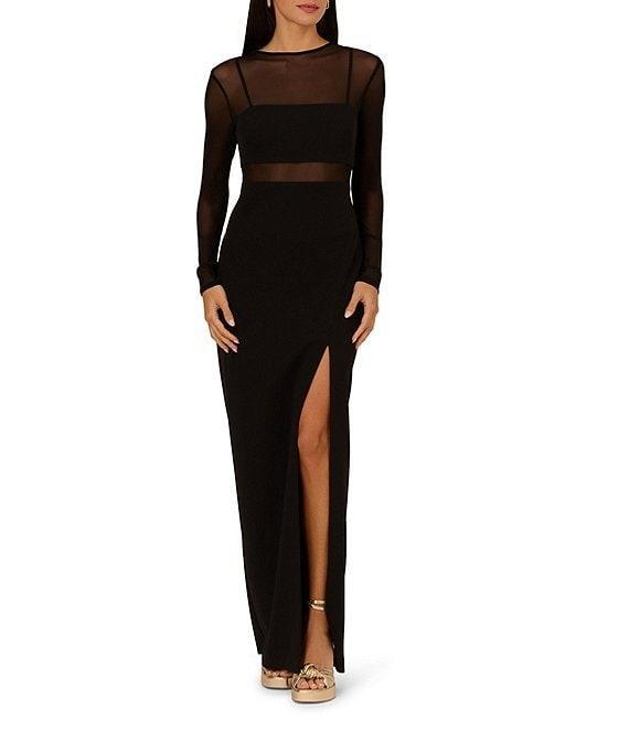 Adrianna Papell Crepe Knit Mock Neck Mesh Bodice Illusion Long Sleeve Side Slit Sheath Dress Product Image