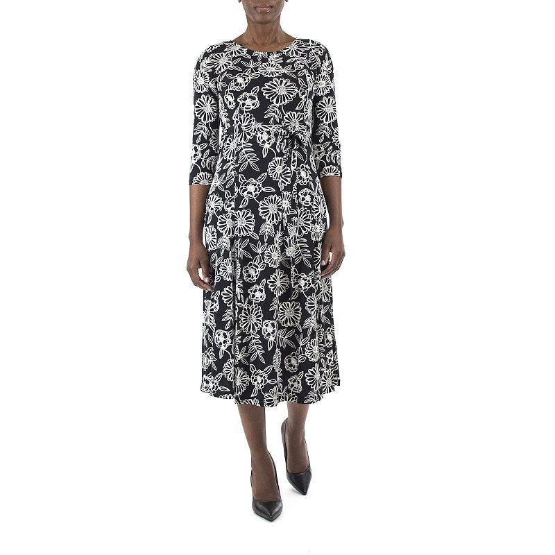 Women's Nina Leonard Belted 3/4 Sleeve Print Midi Dress, Size: Large, Gray Team Product Image