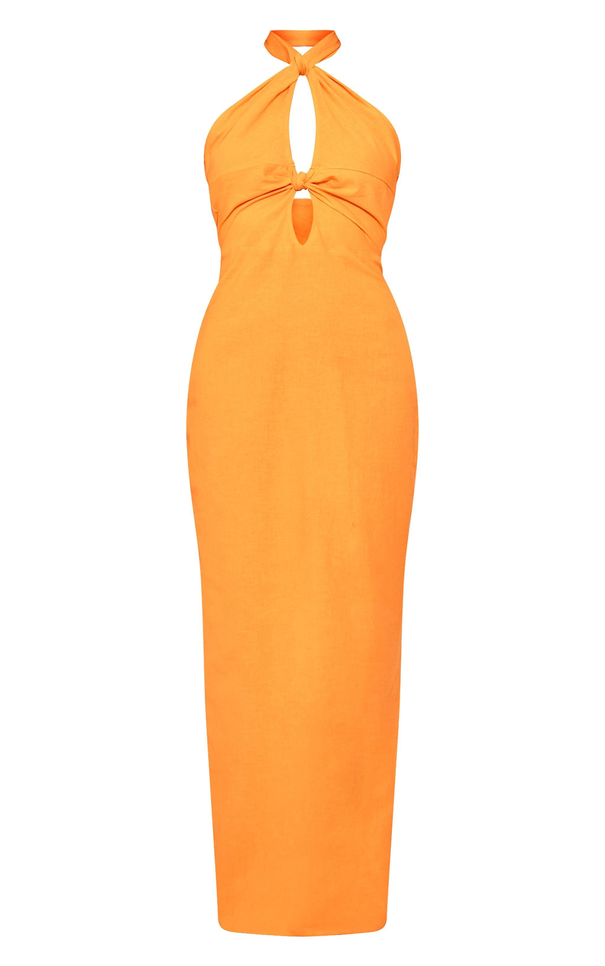 Orange Linen Look Knot Halterneck Maxi Dress Product Image