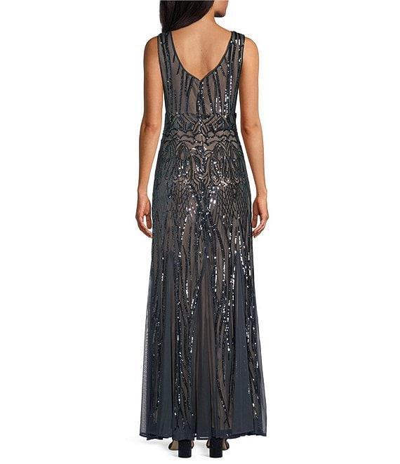 R & M Richards Sleeveless V-Neck Godet Skirt Embellished Long Sequin Dress Product Image