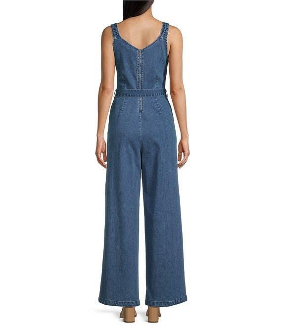 Copper Key Tie Front Wide Leg Denim Jumpsuit Product Image