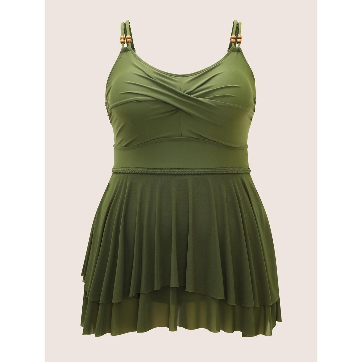 Plus Size Solid Twist Front Tiered Hem Swim Dress Women's Swimwear ArmyGreen Beach Bodycon U-neck High stretch Curve Swim Dresses BloomChic 28/5X Product Image