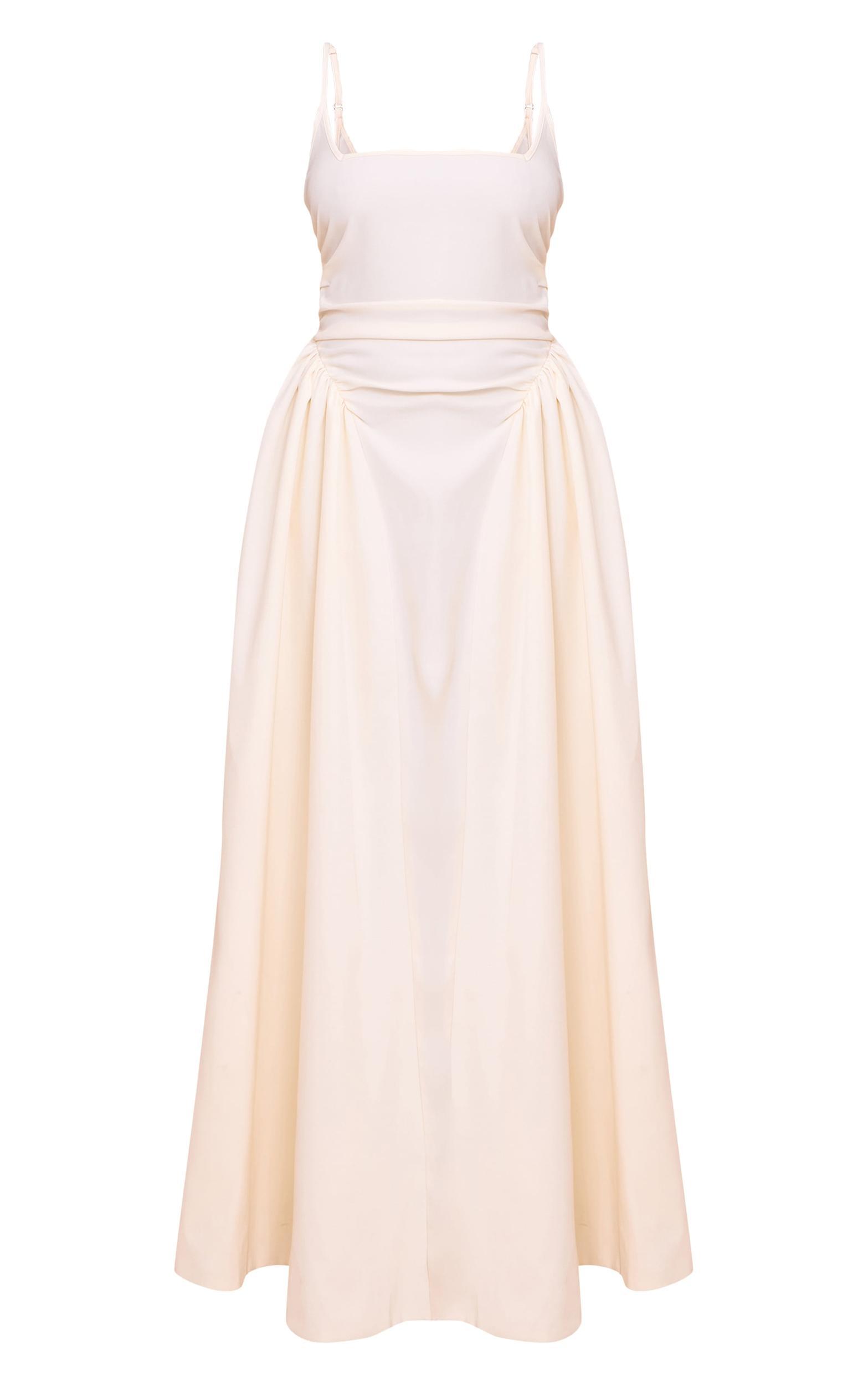 Cream Woven Ruched Strappy Midi Dress Product Image