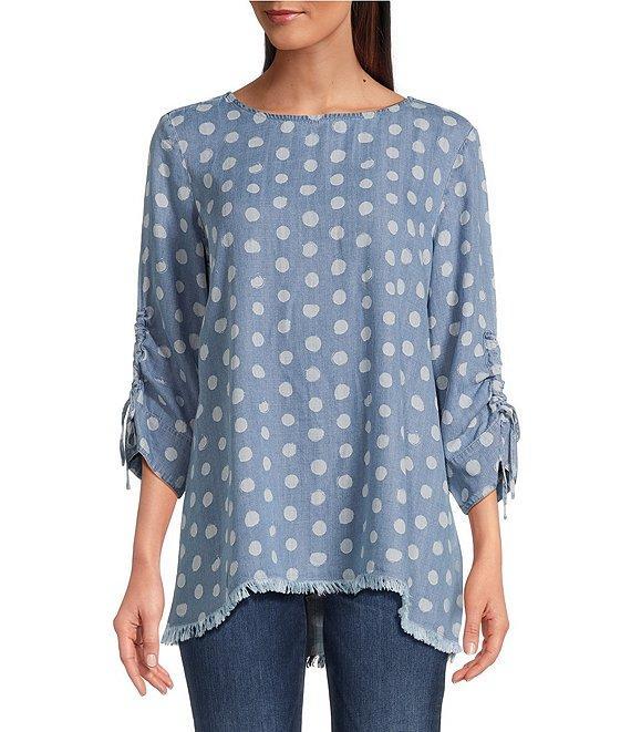 Tru Luxe Jeans Dot Printed Chambray Scoop Neck 3/4 Sleeve Lace-Up Top Product Image