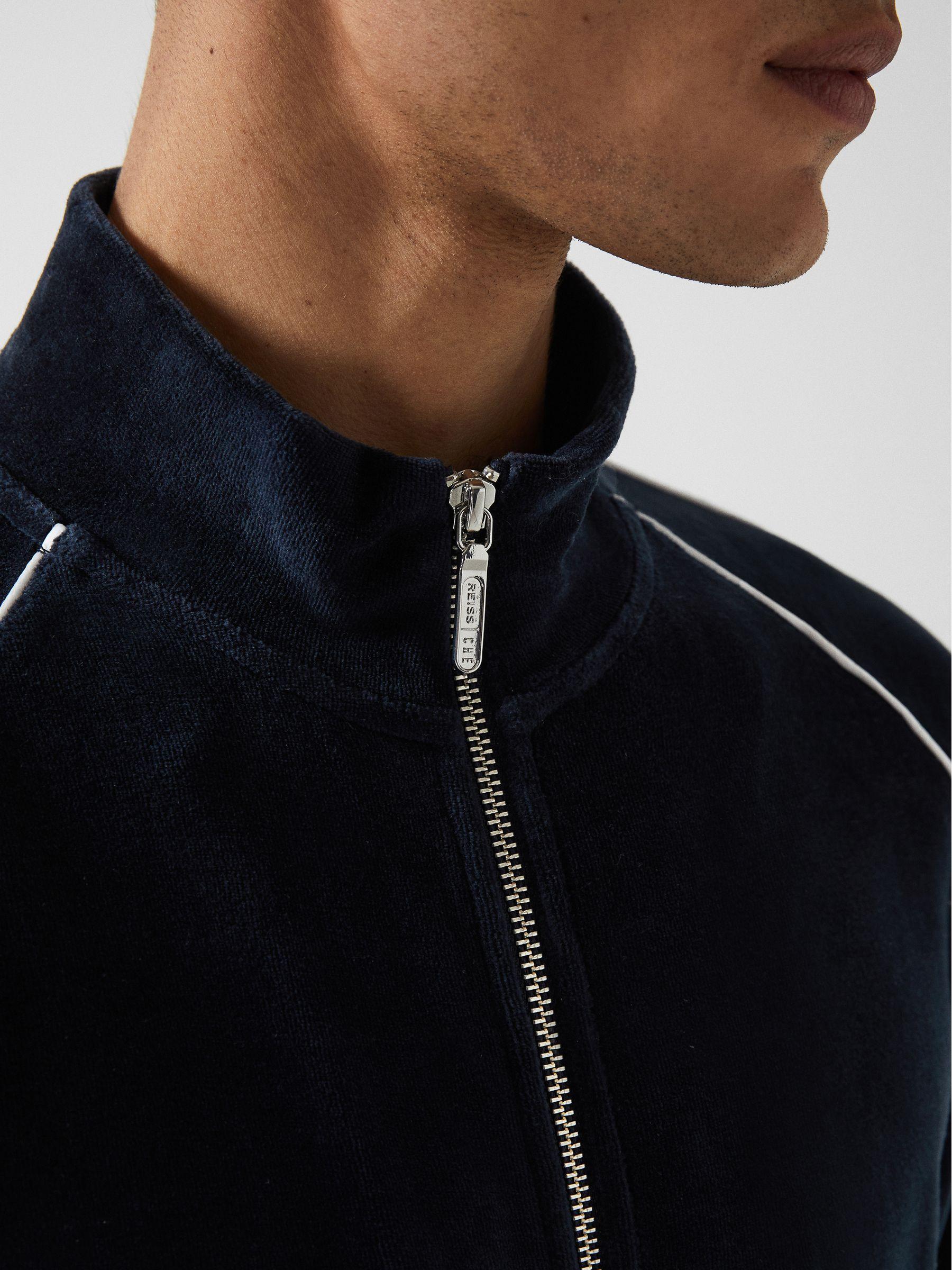 Velour Zip Through Jacket With Piping in Navy Product Image