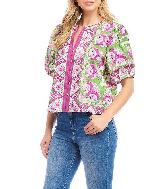 Karen Kane Printed Woven Split Round Neck Short Puff Sleeve Button-Front Shirt Product Image