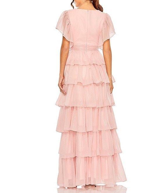 Mac Duggal V Neckline Short Flutter Sleeve Tiered Gown Product Image