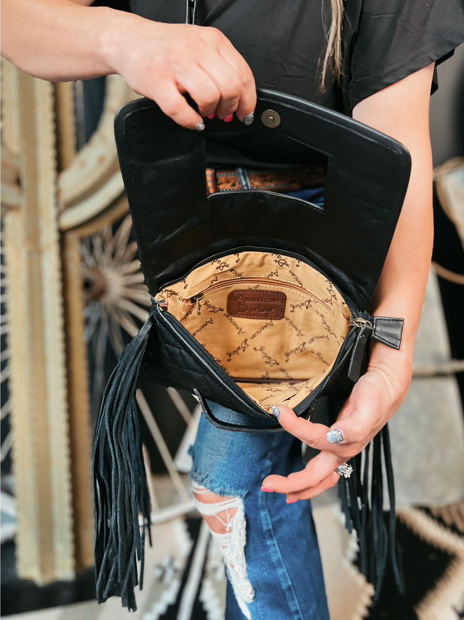 Darling Quilted Black Leather Clutch Bag With Fringe Product Image