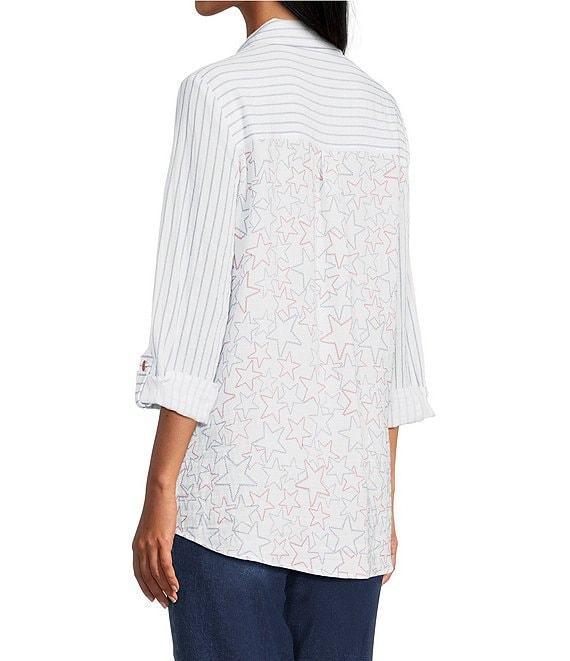 Multiples Crinkle Woven Stars And Stripe Printed Point Collar Long Roll-Tab Sleeve Hi-Low Hem Button Front Shirt Product Image