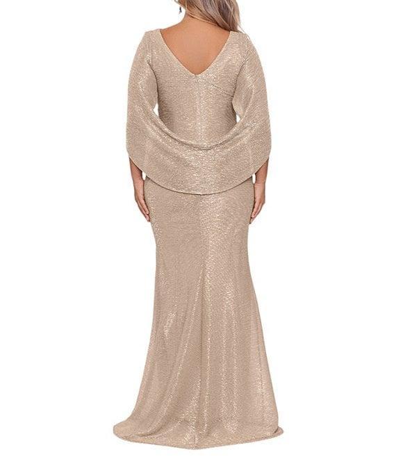 Betsy & Adam Plus Size Draped Back 3/4 Cape Sleeve Round Neck Metallic Crinkled Ruched Sheath Gown Product Image