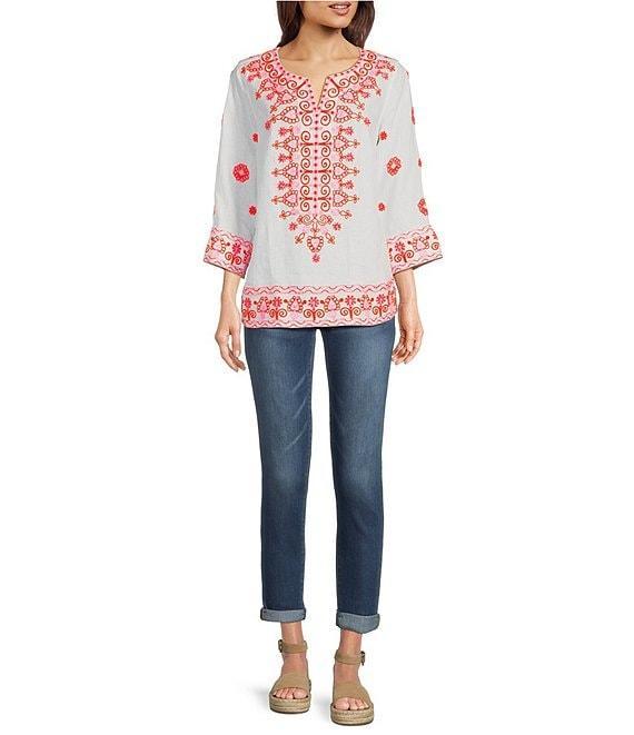John Mark Embroidered Medallion Motif Split V-Neck 3/4 Sleeve Hi-Low Hem Tunic Product Image