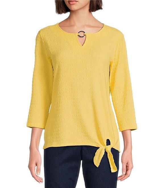 Allison Daley 3/4 Sleeve Keyhole Neck Tie Hem Seersucker Knit Top Product Image