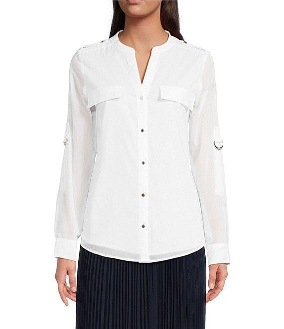Calvin Klein Cotton Crew Neck Roll Tab Sleeve Button Front Blouse Product Image