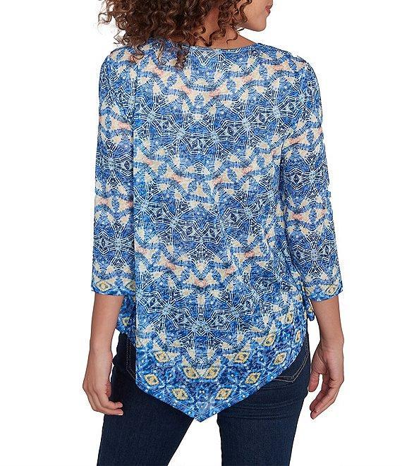 Ruby Rd. Knit Embellished Crew Neck 3/4 Sleeve Asymmetrical Hem Top Product Image