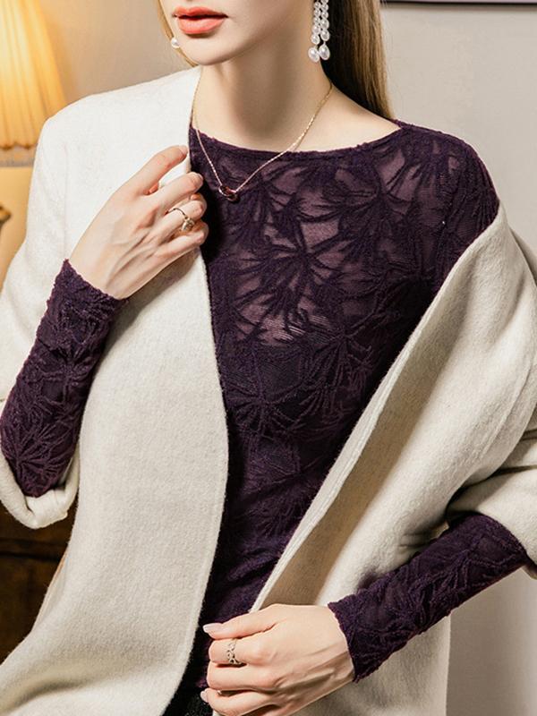 Long Sleeves Plus Size Hollow See-Through Solid Color Split-Side Round-Neck T-Shirts Tops Product Image