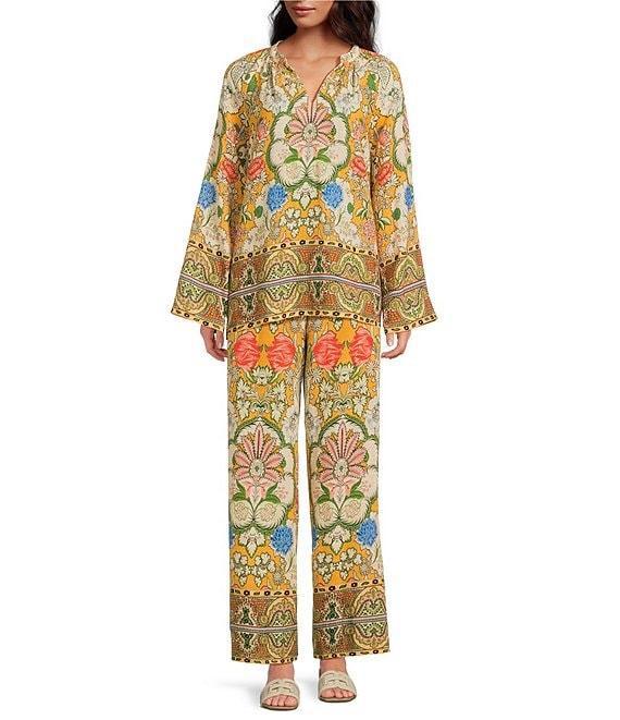 A Loves A Woven Floral Print Split Round Neck Long Bell Sleeve Coordinating Blouse Product Image