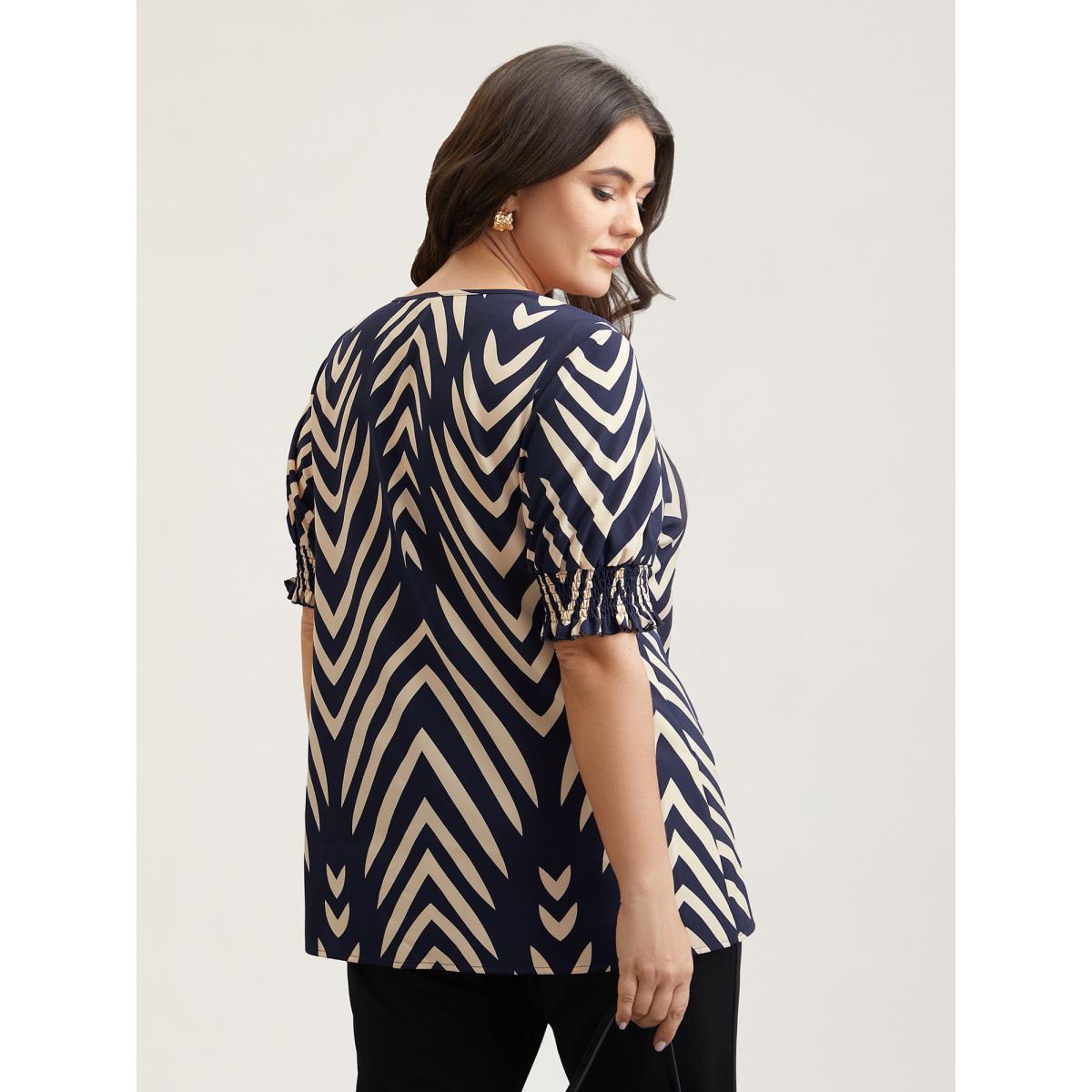 Plus Size Black Geometric Print Ruffled Shirred Shirt Women Office Half Sleeve Flat collar with V-notch Office Blouses BloomChic 26/4X Product Image