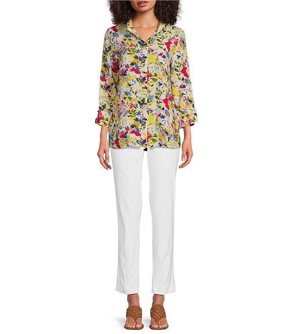 Ali Miles Petite Size Floral Printed Woven Wire Collar 3/4 Sleeve Button Front Tunic Product Image
