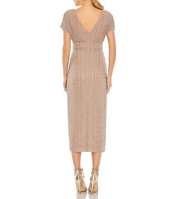 Mac Duggal Beaded Chiffon Short Sleeve Boat Neck Sheath Midi Dress Product Image