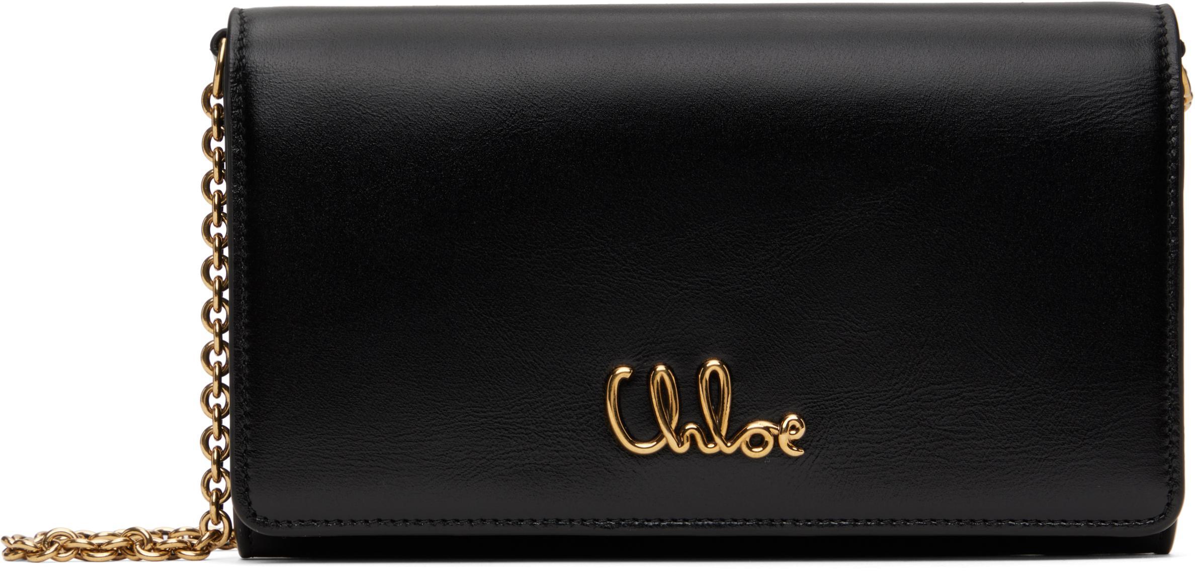 CHLOÉ Iconic Flap Wallet On Chain In Shiny Calfskin In Black Product Image