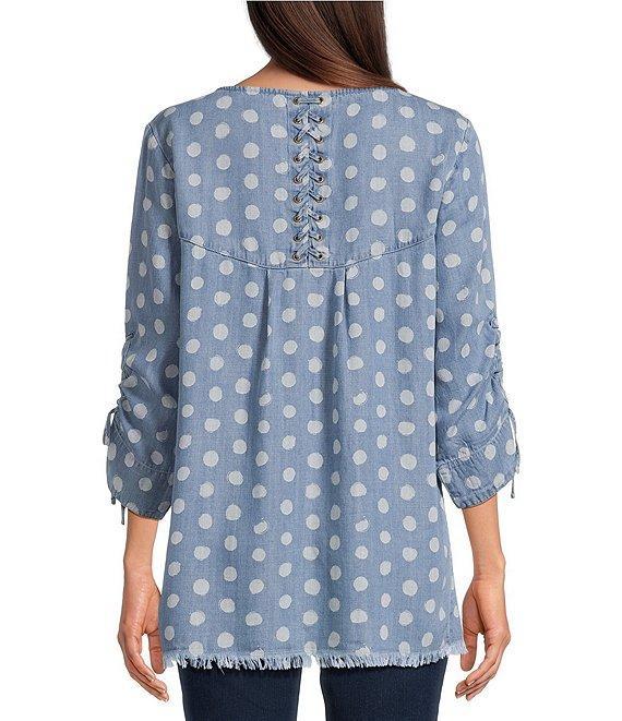 Tru Luxe Jeans Dot Printed Chambray Scoop Neck 3/4 Sleeve Lace-Up Top Product Image