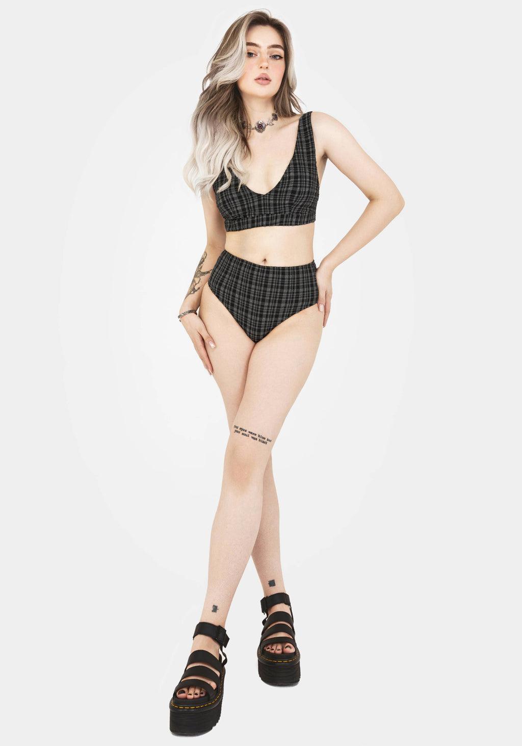 Slate Textured Check High Waist Swim Bottoms Product Image