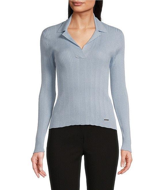 Calvin Klein Metallic Notch Collar V-Neck Long Sleeve Sweater Product Image