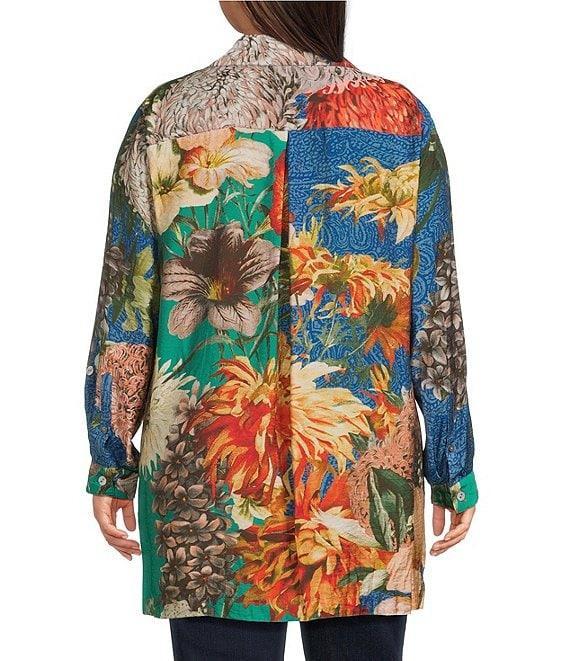 John Mark Plus Size Large Multi Floral Print Point Collar Long Roll-Tab Sleeve Button Front Tunic Product Image