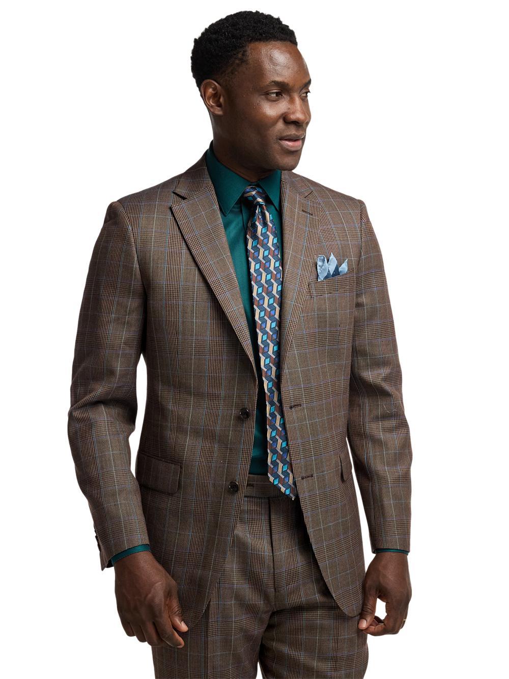 Wool Blend Plaid Single Breasted Notch Lapel Suit Jacket - Brown/blue Product Image