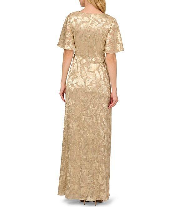 Adrianna Papell Foiled Leaf Print Surplice V-Neck Short Flutter Sleeve Gown Product Image