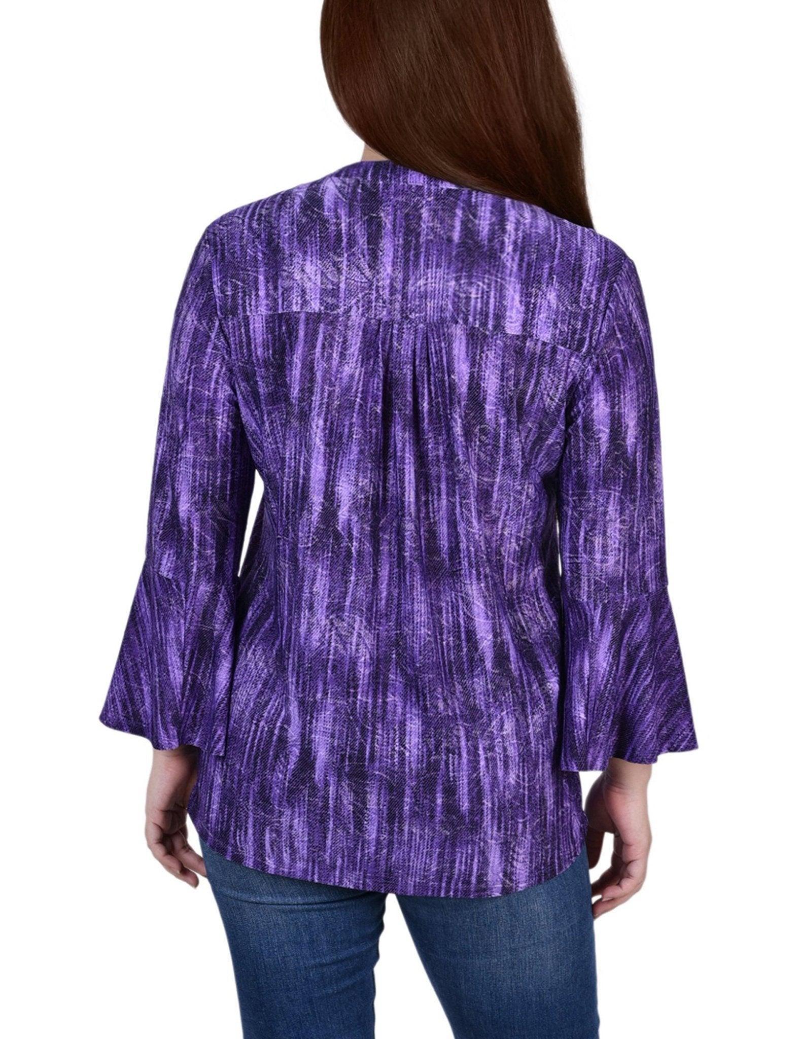 Purple Stripe 3/4 Bell Sleeve Pleat Front Y Neck Top Product Image