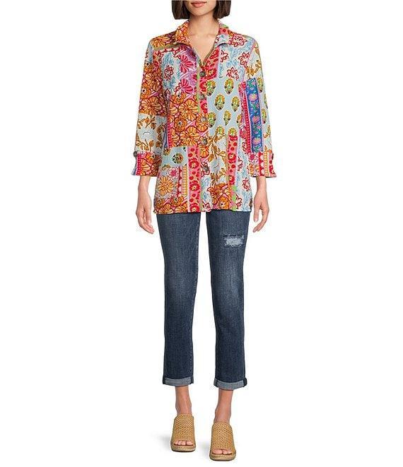 Calessa Petite Size Printed Ruffled Stand Collar Long Sleeve Button Front Tunic Product Image