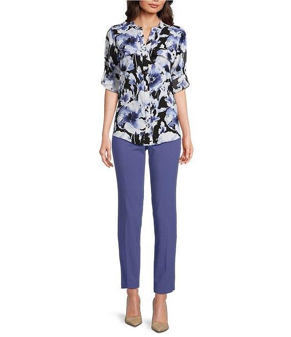 Calvin Klein Printed Crepe De Chine Split V-Neck Roll-Tab Sleeves Button Front Blouse Product Image