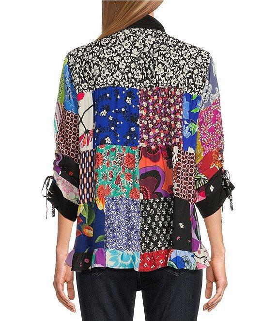 John Mark Woven Patch Print Wire Collar 3/4 Cinch Tie Sleeve Button Front Shirt Product Image