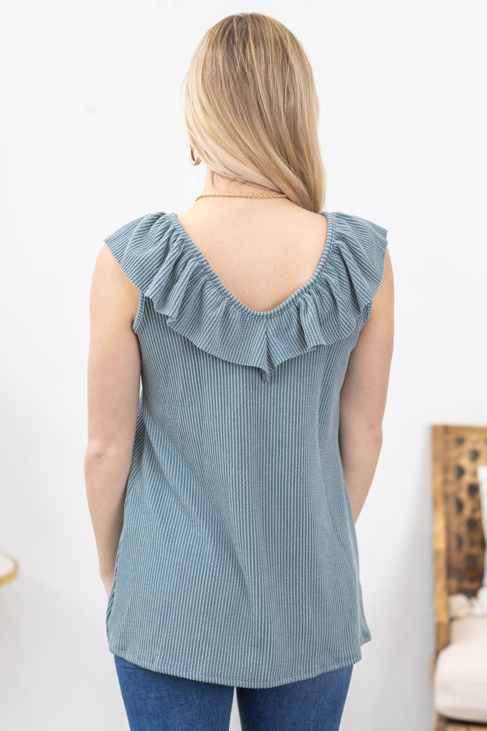 Sage Ruffled V-Neck Ribbed Knit Tank Product Image