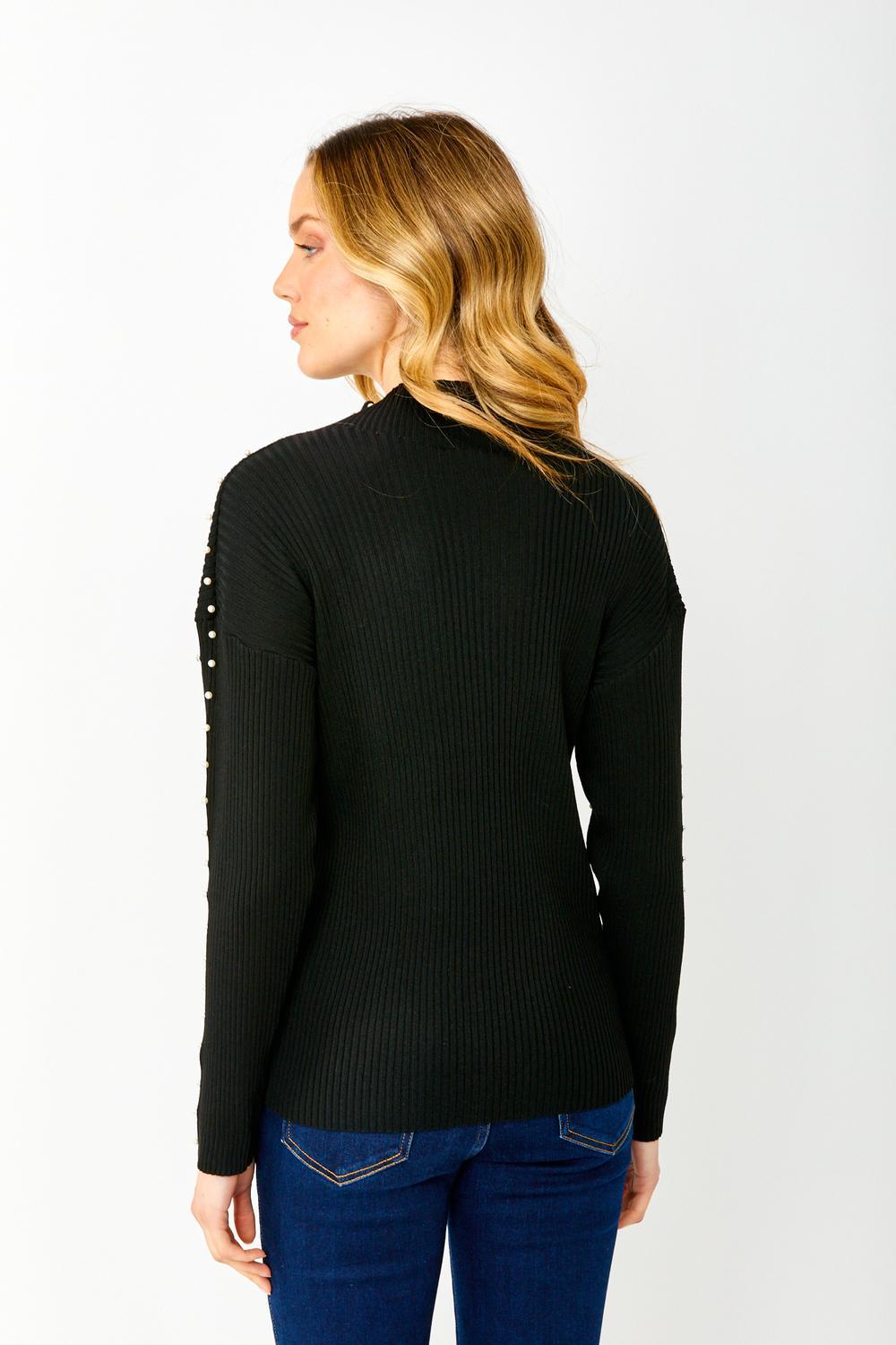 Mock Neck Pullover Knit Top with Pearl and Crystal Embellishment Product Image