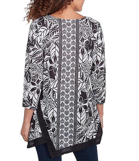 Ruby Rd. Embellished Printed Scoop Neck 3/4 Sleeve Shark-Bite Hem Top Product Image