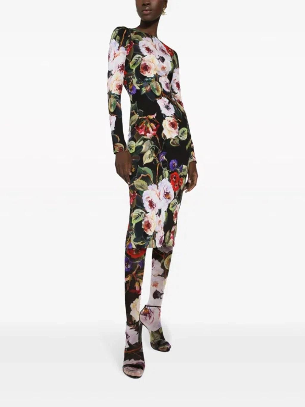 DOLCE & GABBANA Floral-print Long-sleeve Midi Dress In Multicolor Product Image