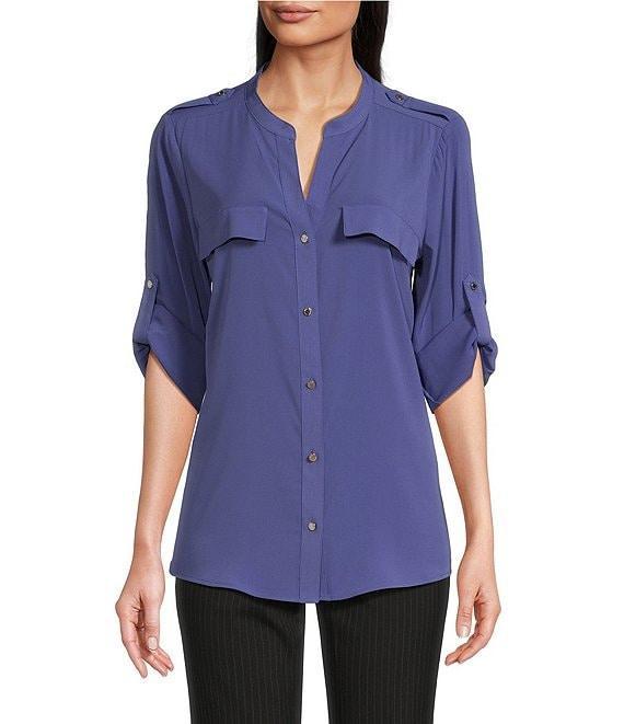 Calvin Klein Crepe De Chine Crew Neck Roll-Up Sleeve Button Front Blouse Product Image