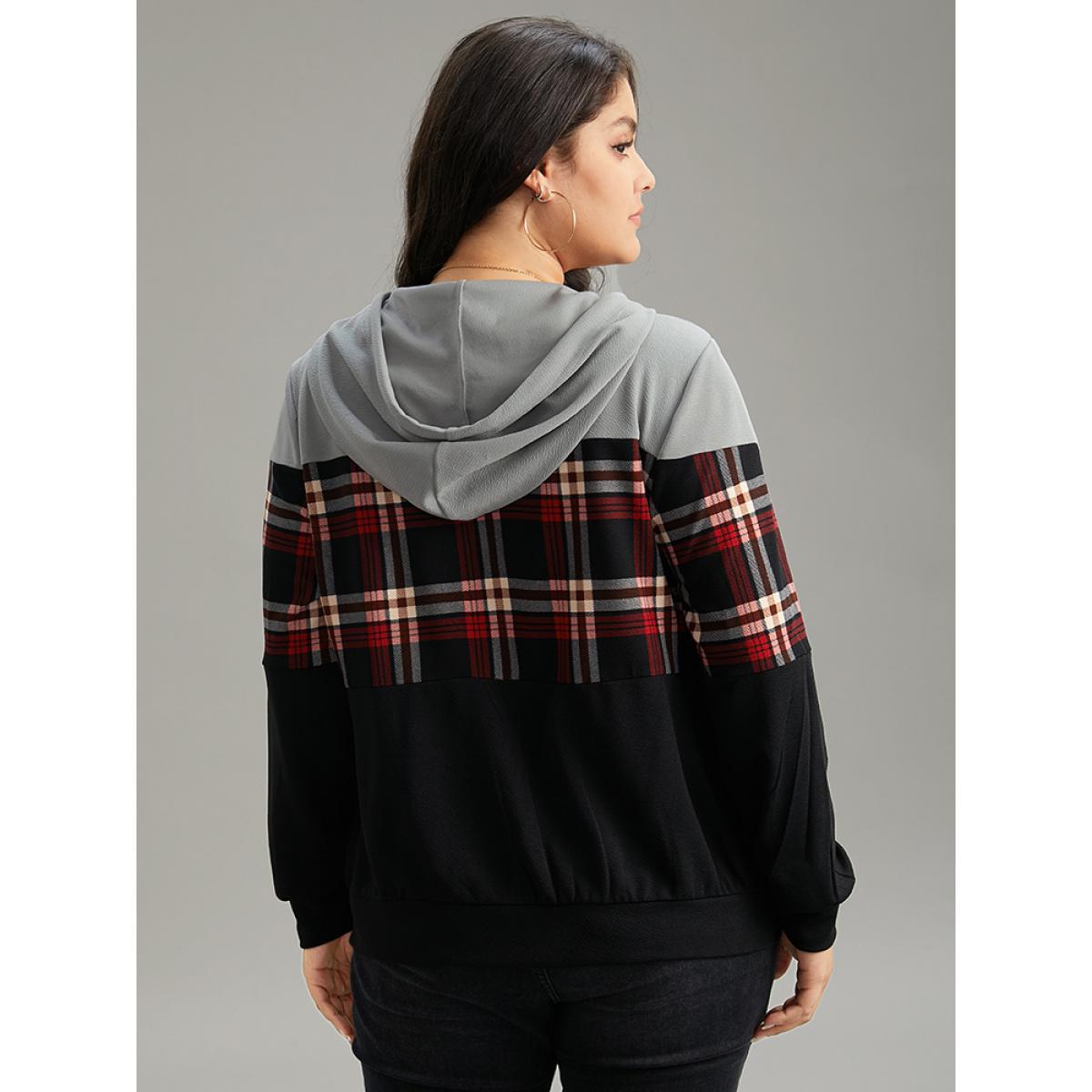 Plus Size Plaid Contrast Hooded O Ring Zipper Jacket Women Black Contrast Pocket Dailywear Jackets BloomChic 26/4X Product Image