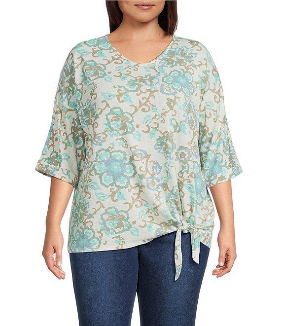 Multiples Plus Size Slub Batik Multi Printed V-Neck 3/4 Dolman Sleeve Top Product Image