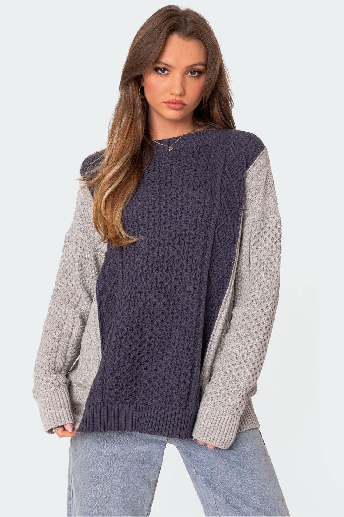 Two Tone Oversized Cable Knit Sweater Product Image